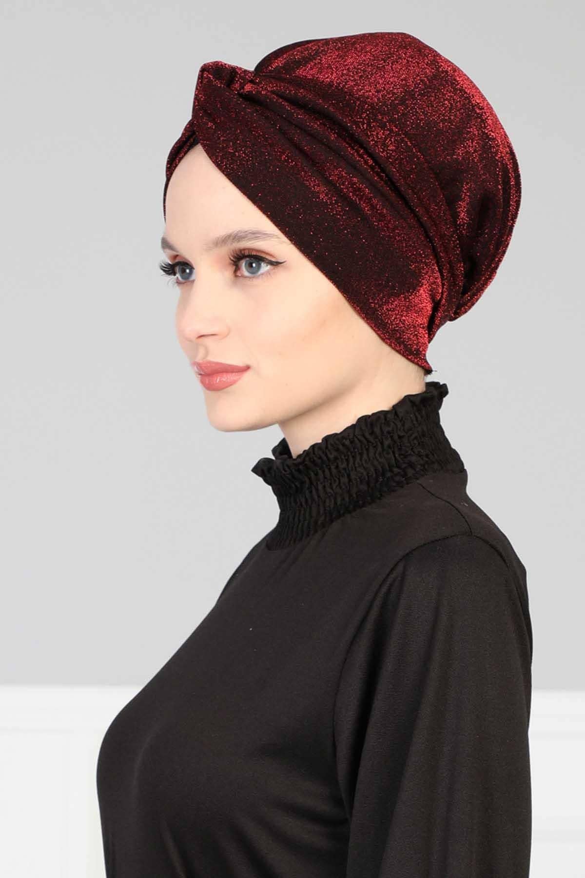 Glitter Instant Turban for Women Polyester Head Wrap Lightweight Head Scarf Modest Headwear  Patterned Bonnet Cap,B-4SIM - Maroon