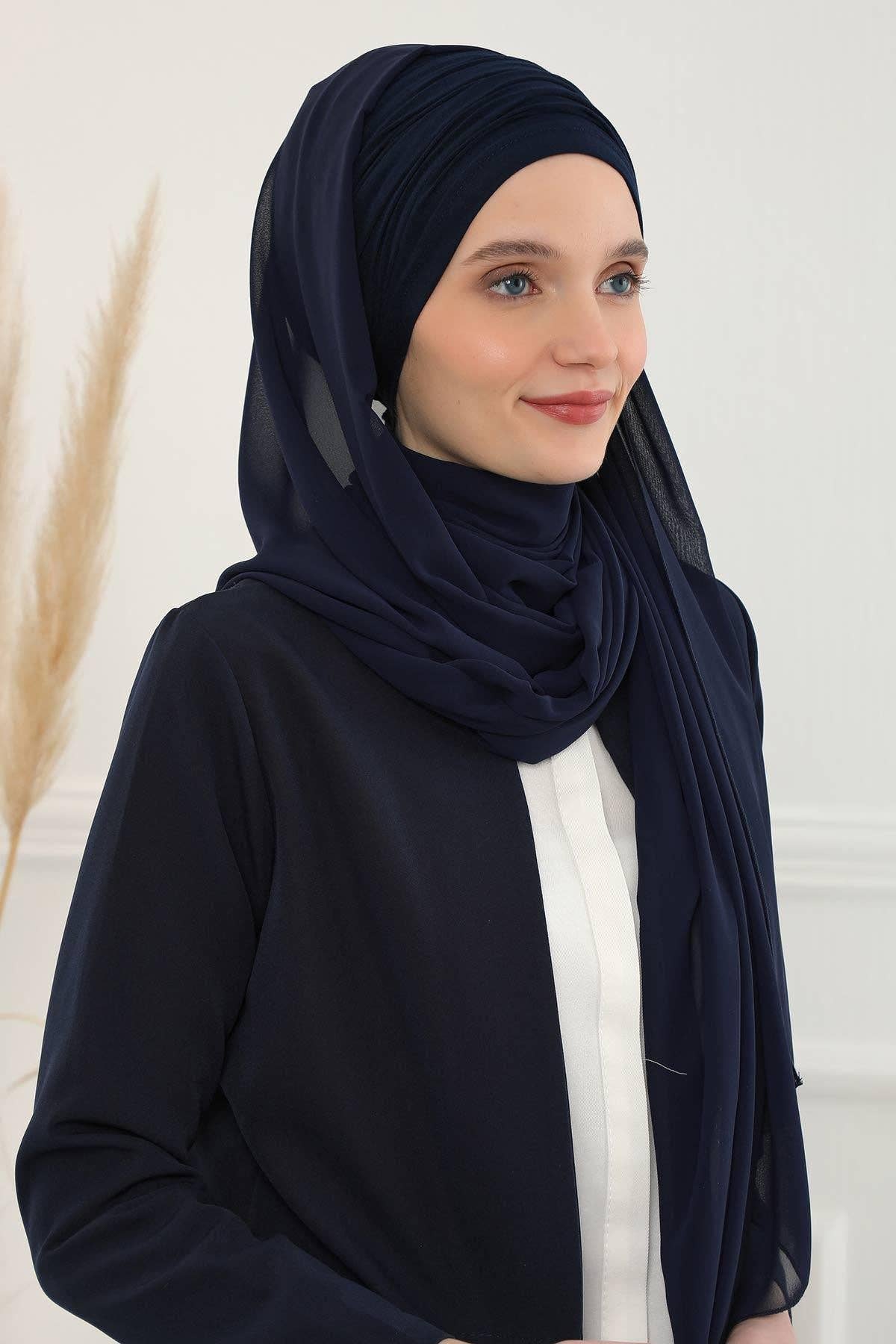 Instant Chiffon Shawl for Women With Cotton Bonnet Chiffon Turban Cap Head Wrap Instant Turban Scarf,BTS-1 - Black