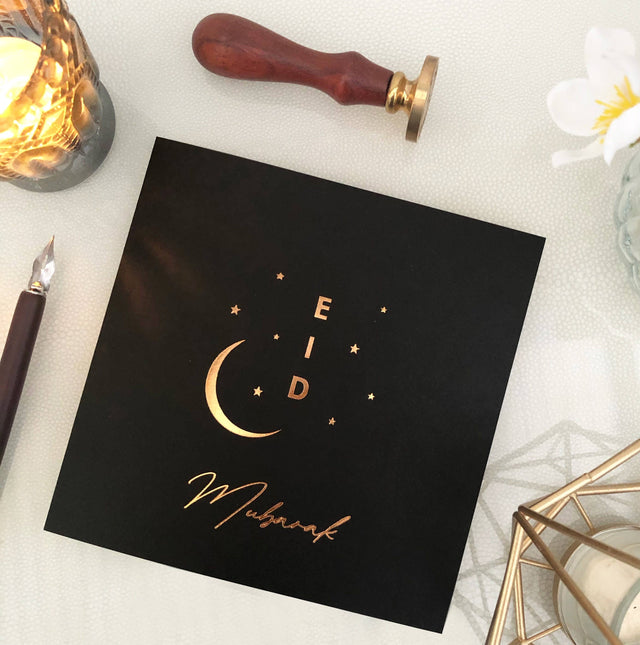 Luxury Eid Mubarak Greeting Card in Black - Gold Foiled