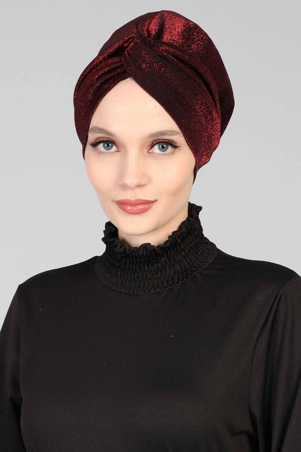 Glitter Instant Turban for Women Polyester Head Wrap Lightweight Head Scarf Modest Headwear  Patterned Bonnet Cap,B-4SIM - Maroon