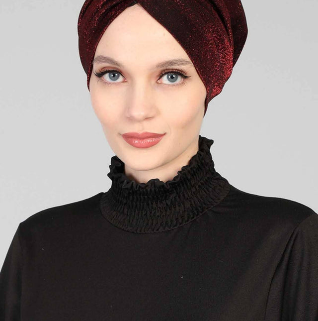 Glitter Instant Turban for Women Polyester Head Wrap Lightweight Head Scarf Modest Headwear  Patterned Bonnet Cap,B-4SIM - Maroon