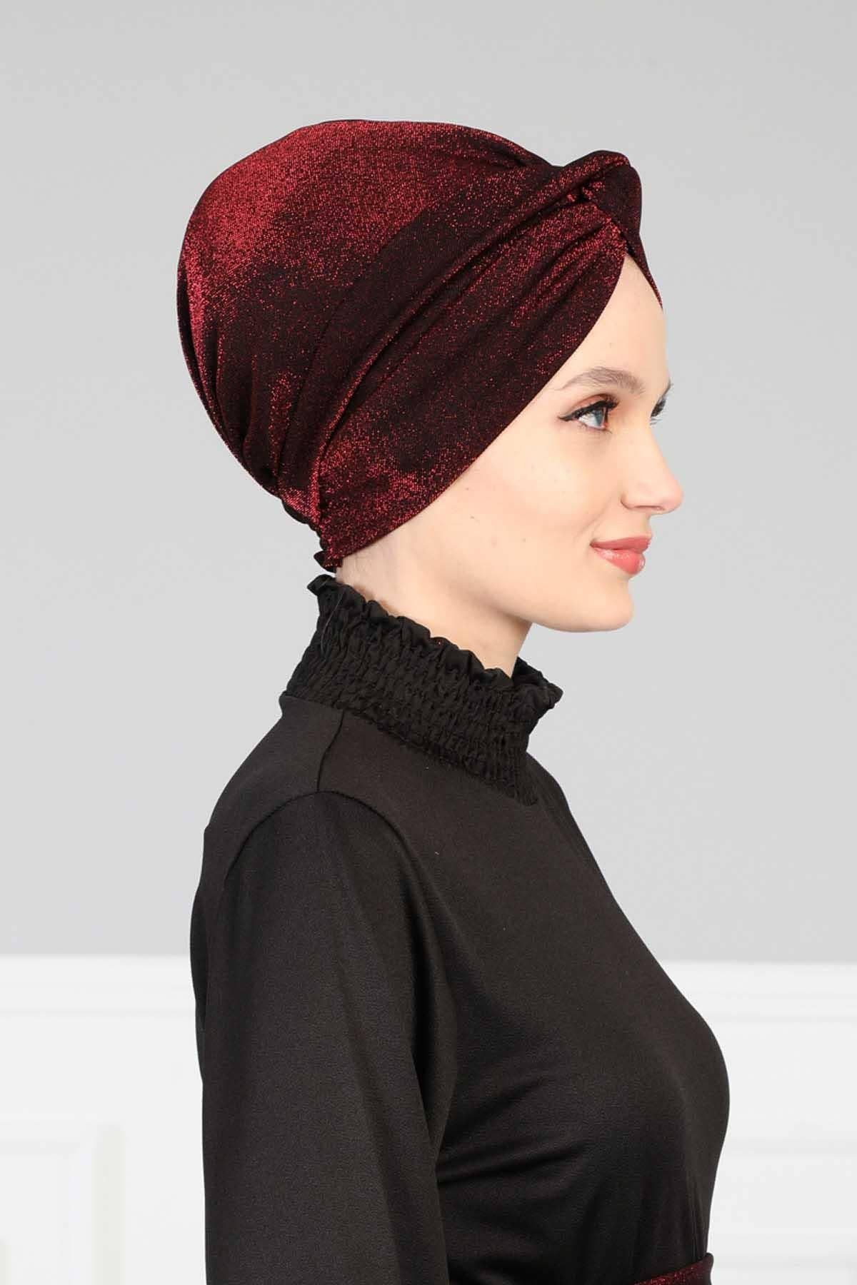 Glitter Instant Turban for Women Polyester Head Wrap Lightweight Head Scarf Modest Headwear  Patterned Bonnet Cap,B-4SIM - Maroon