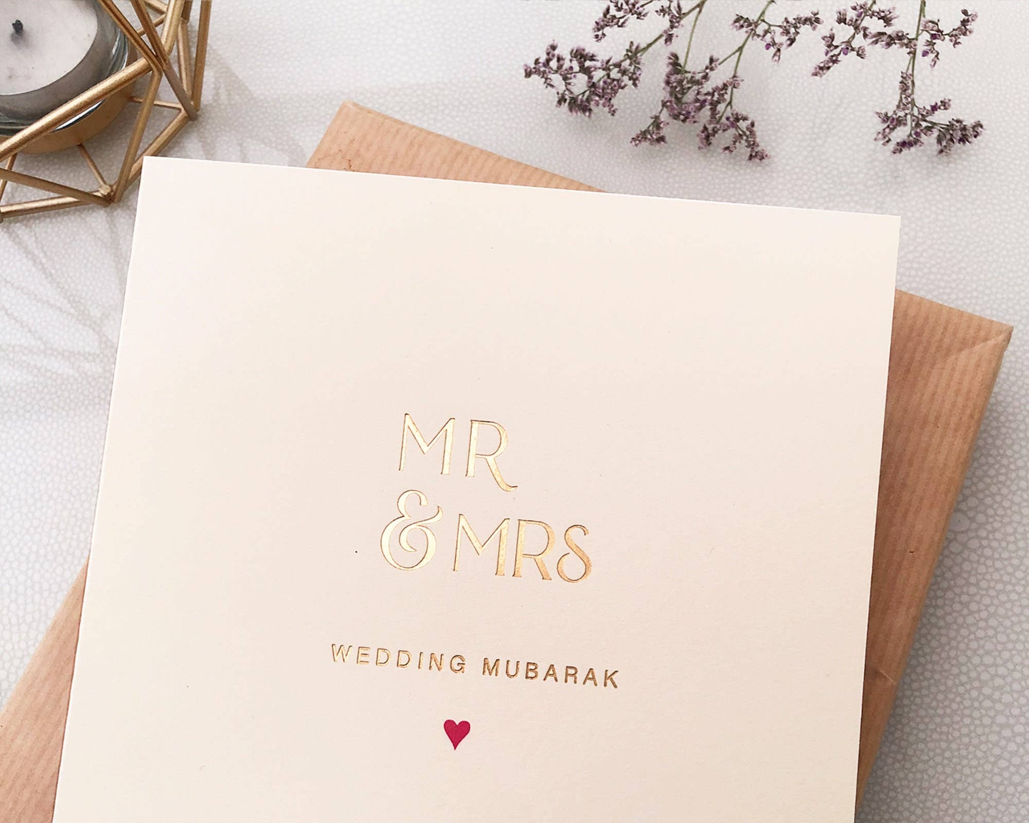 Luxury 'Mr & Mrs Wedding Mubarak' Islamic Wedding Card in Gold Foil