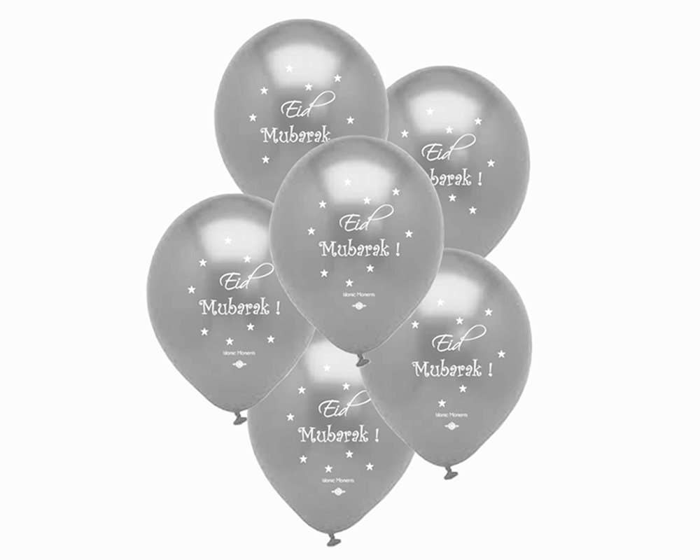 10 Large SILVER Eid Mubarak Balloons, Eid Decorations - Multi Pack