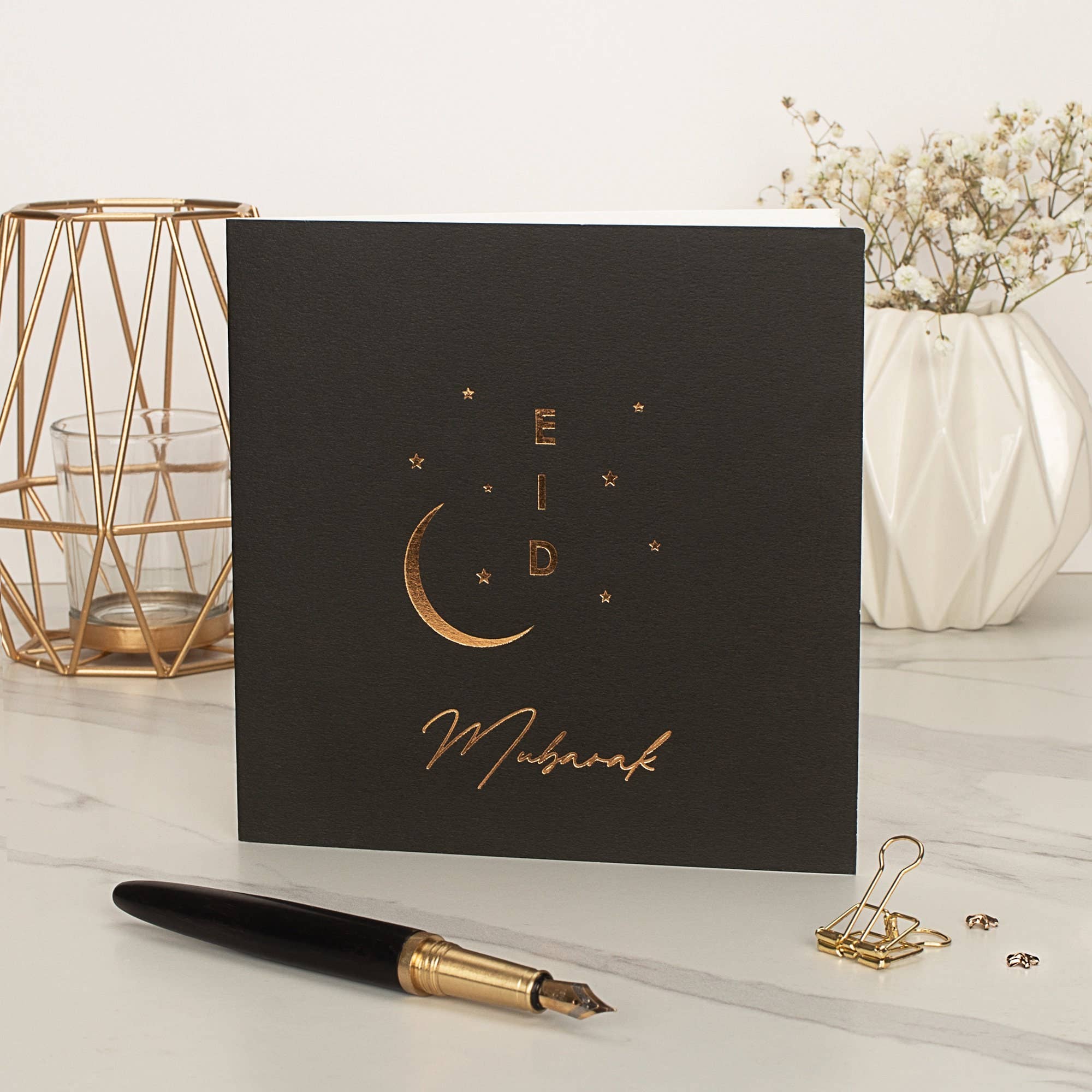 Luxury Eid Mubarak Greeting Card in Black - Gold Foiled