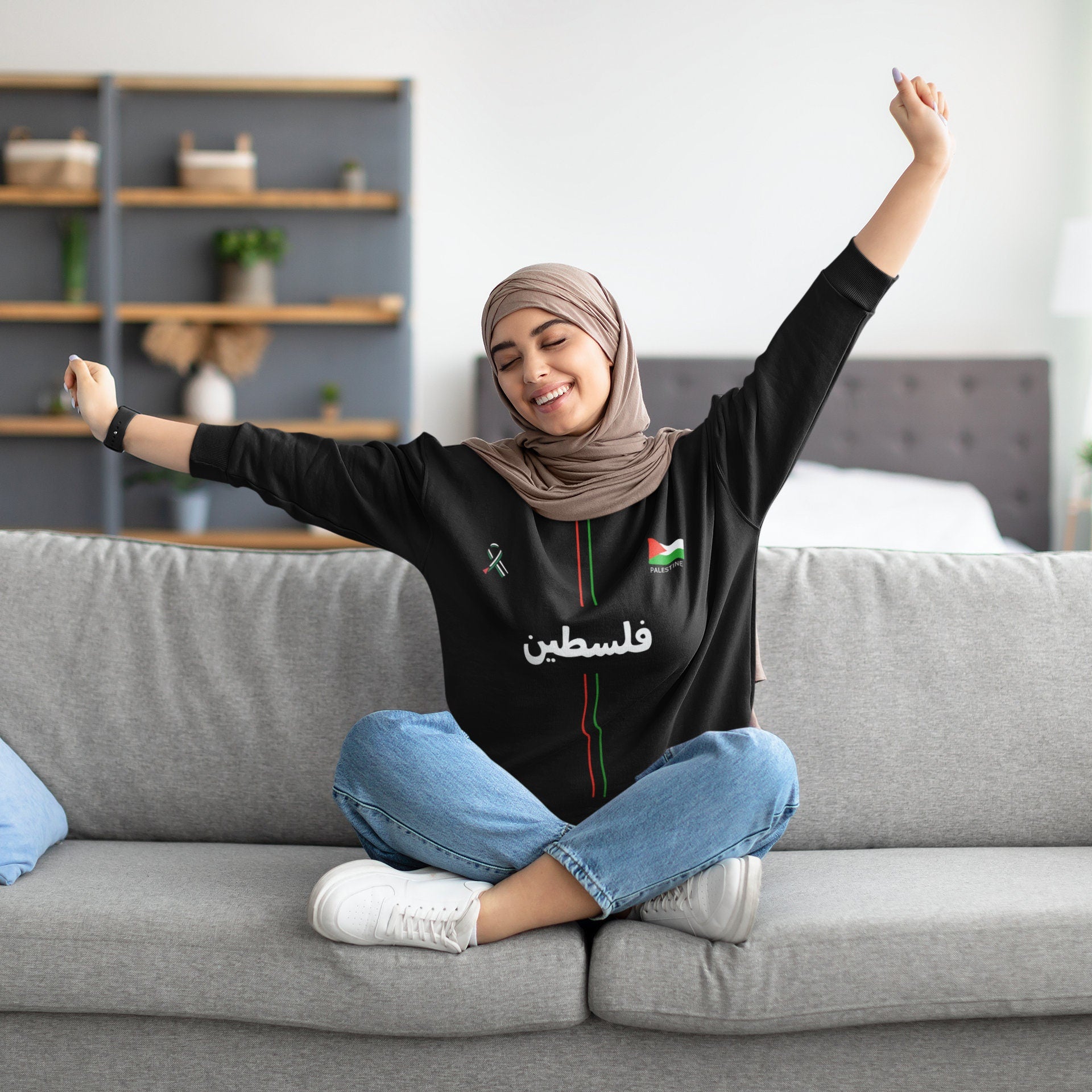 Adult Crew Neck Sweatshirt - Palestine Football Arabic 1 - Black