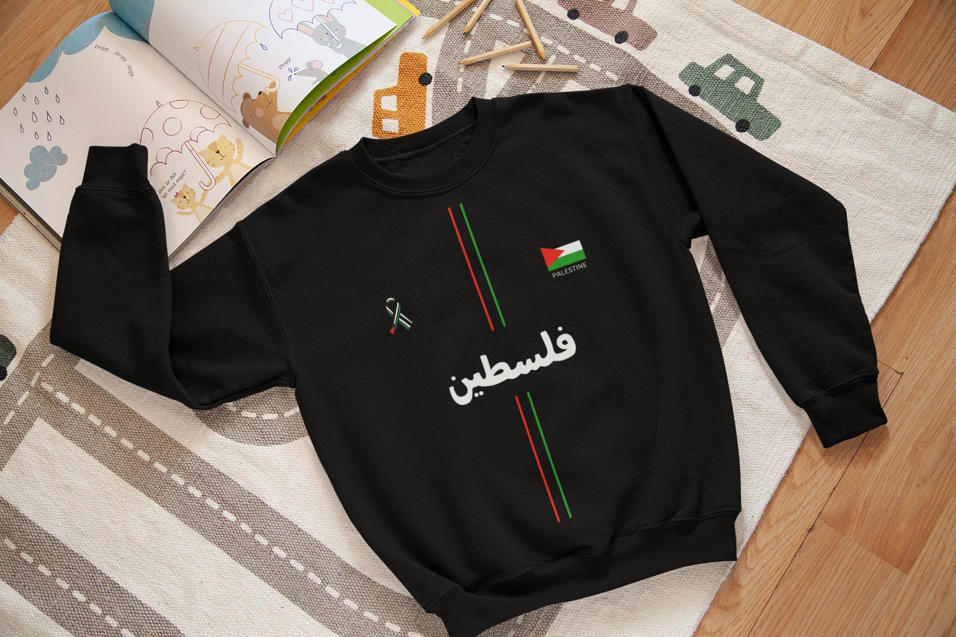 Adult Crew Neck Sweatshirt - Palestine Football Arabic 1 - Black