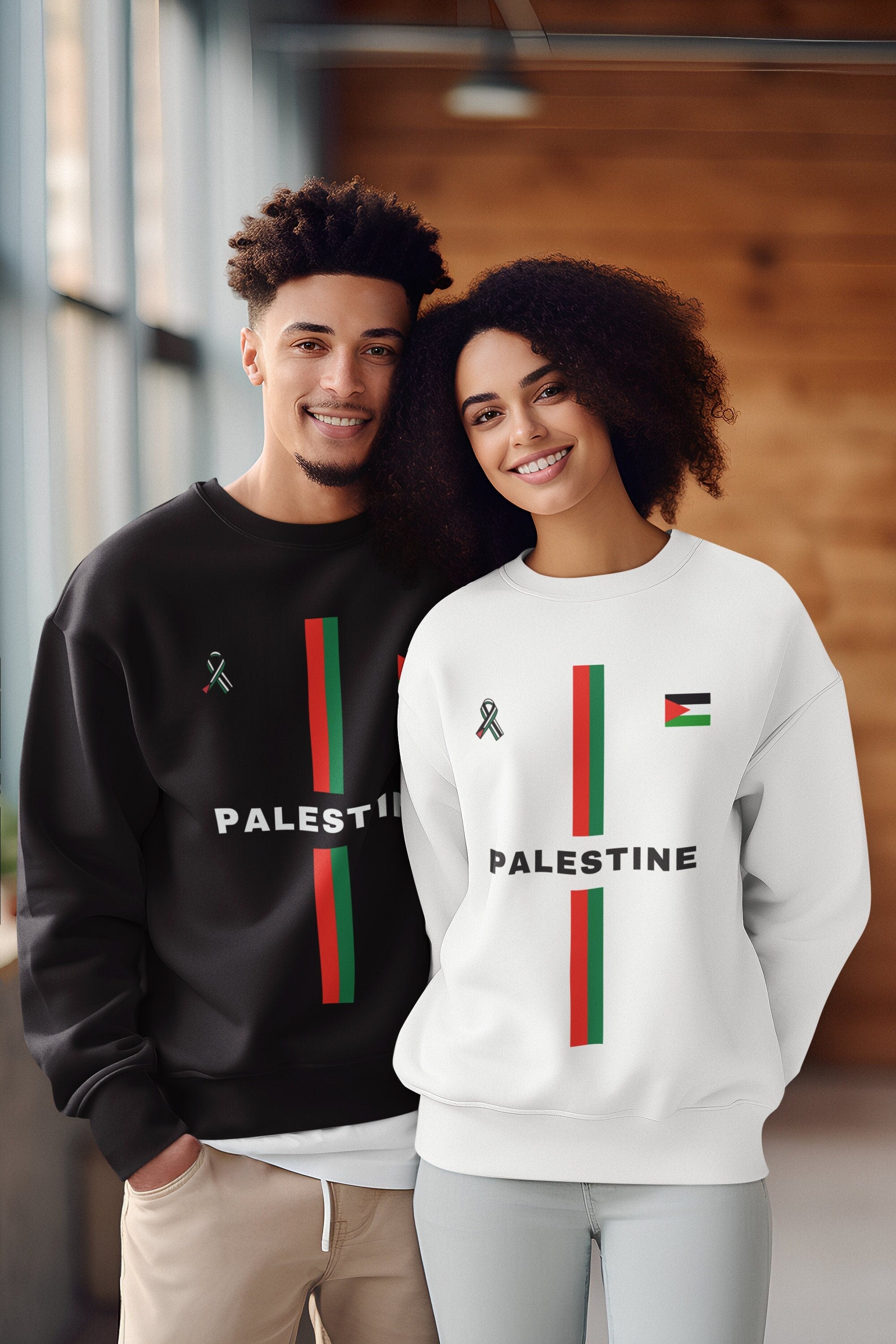 Adult Crew Neck Sweatshirt - Palestine Football English  2 - Black/White